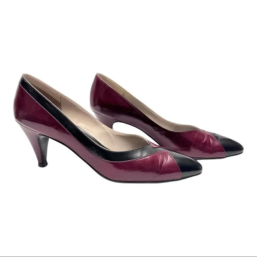 Rayne London Rare 80’s Vintage Custom Wine Red & Black Leather Pumps Size 8.5 AA - Picture 1 of 13